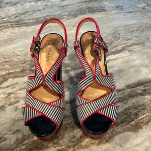 High heel ladies shoe. Size 6. Blue, white striped with red trim. 5 inch heel.